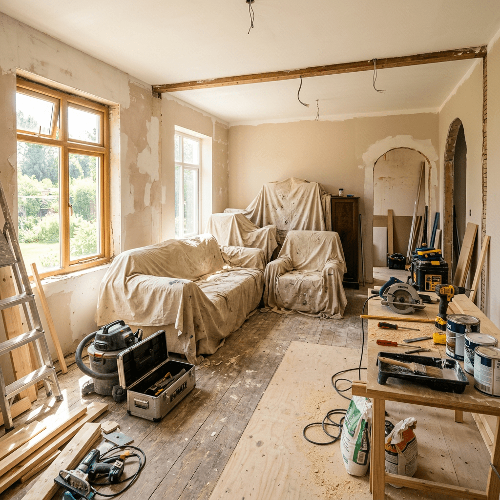 Living room with furniture covered in cloth and construction tools scattered