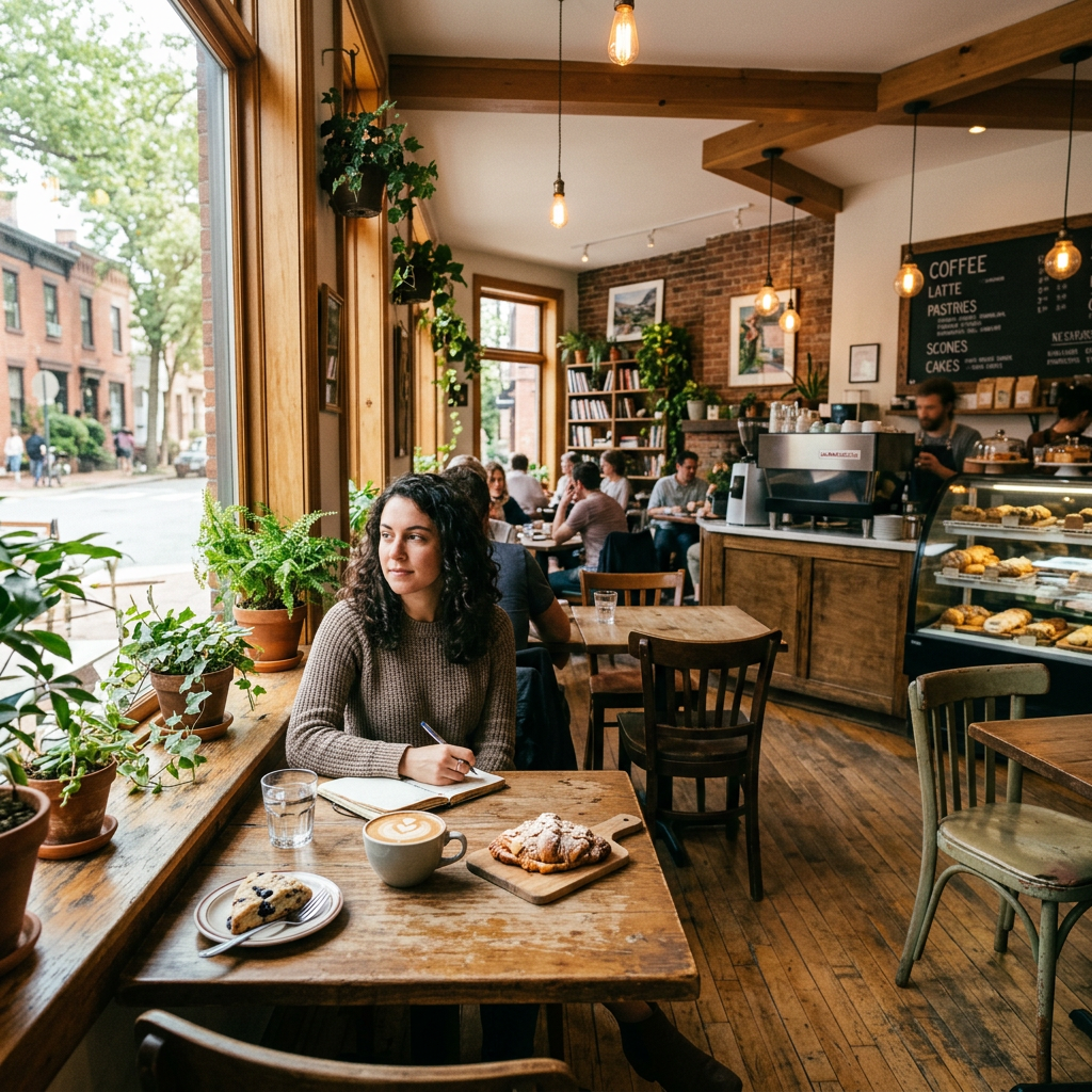 Woman sitting at a wooden table in a cafe with coffee, pastries, and notebook